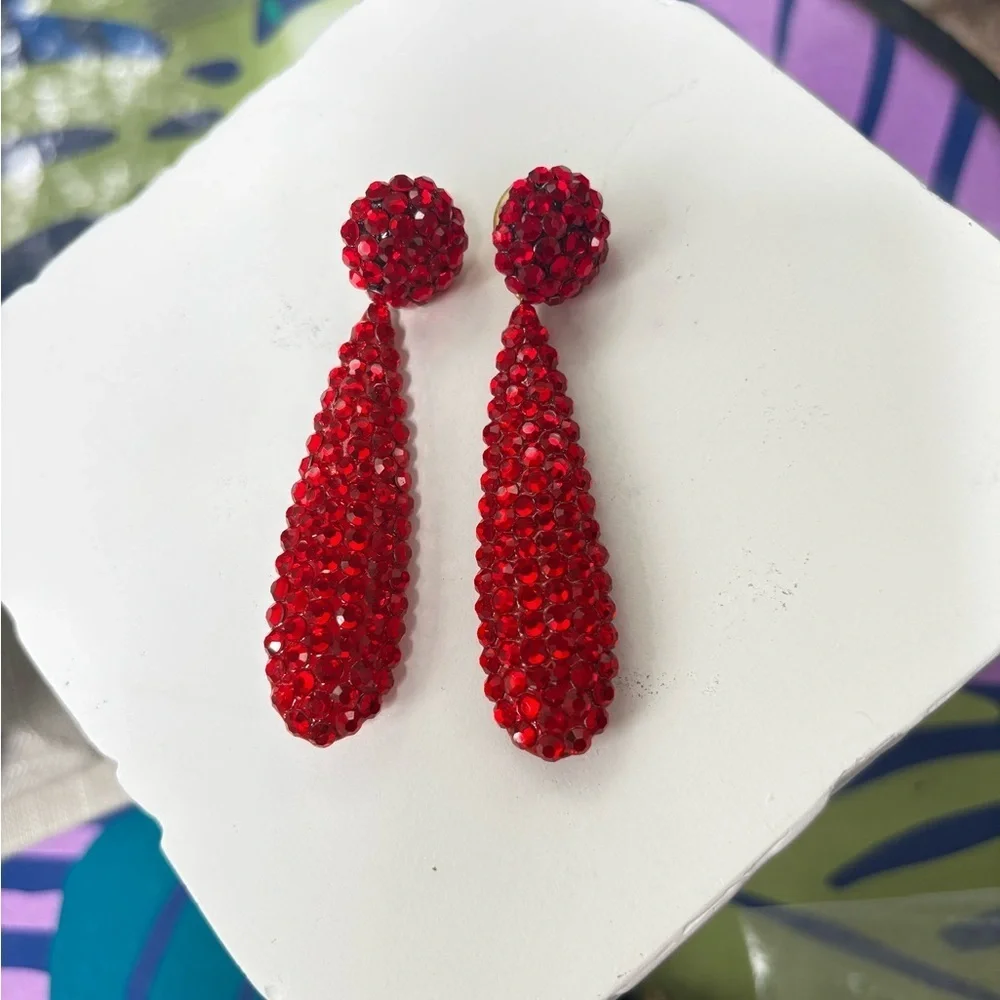 Red Crystal Pageant Drop Earrings with Matching Bead Necklace